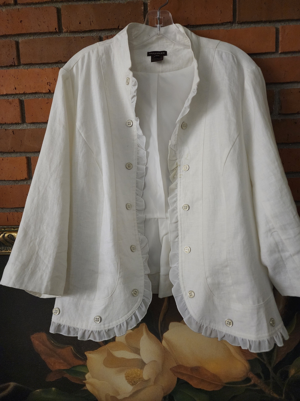 Multiples White Ruffled Linen Blazer - Picture 2 of 9
